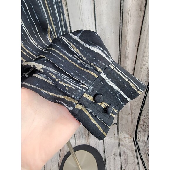 LM Women's Size 8 Zelda Black & Gold LS Silky Button Down Dress Shirt Blouse EUC - Picture 6 of 9
